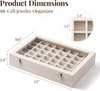 48 Grid Earring Organizer and Storage: Velvet Jewelry Tray with Lid, Jewelry Box for Studs, Earrings, Rings, Necklaces, Dresser & Vanity, Earrings Case for Girls, Women, Beige