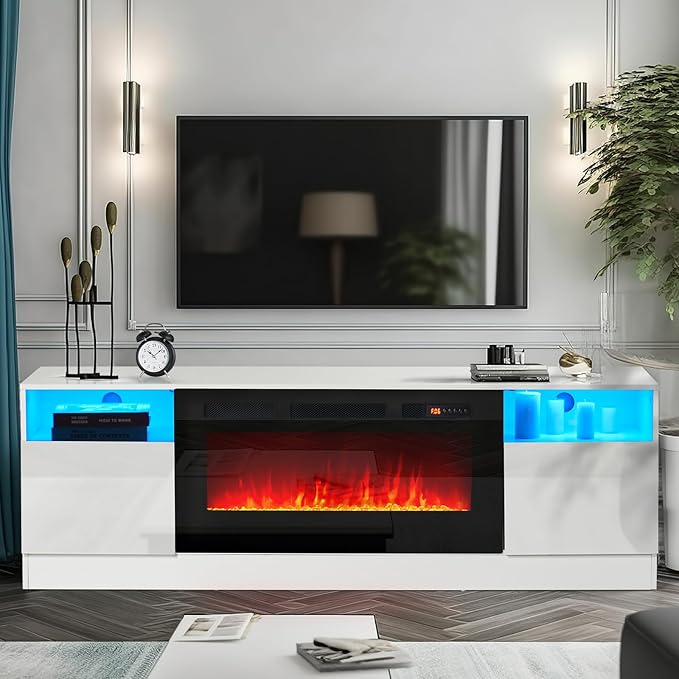 oneinmil Fireplace TV Stand with 36" Electric Fireplace, LED Light Entertainment Center, Modern Wood Texture Highlight Storage Cabinet for TVs Up to 80", 70 inches,White