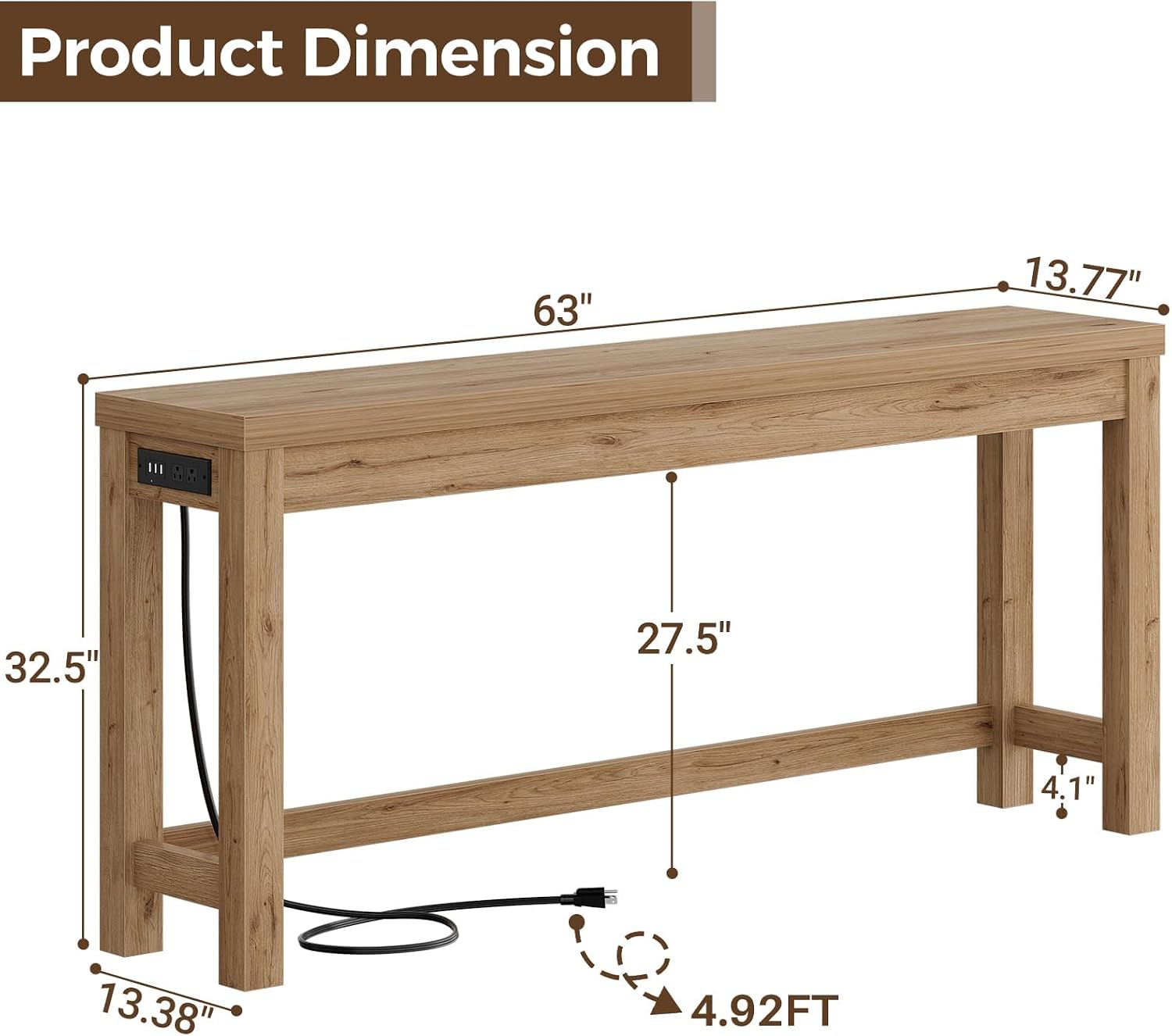 Cyclysio 63" Console Table with Charging Station, 13.8" Deep Farmhouse Sofa Table Behind Couch with 2 AC Outlets & 3 USB Ports, Long Entryway TV Console or Home Office Desk, Natural Oak