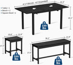 GarveeHome 5 PCs Dining Table Set for 6-8 People, 63 in Extendable Kitchen Table Set with 2 Benches and 2 Square Stools, Modern Dining Room Furniture Sets, Easy Assembly, Black