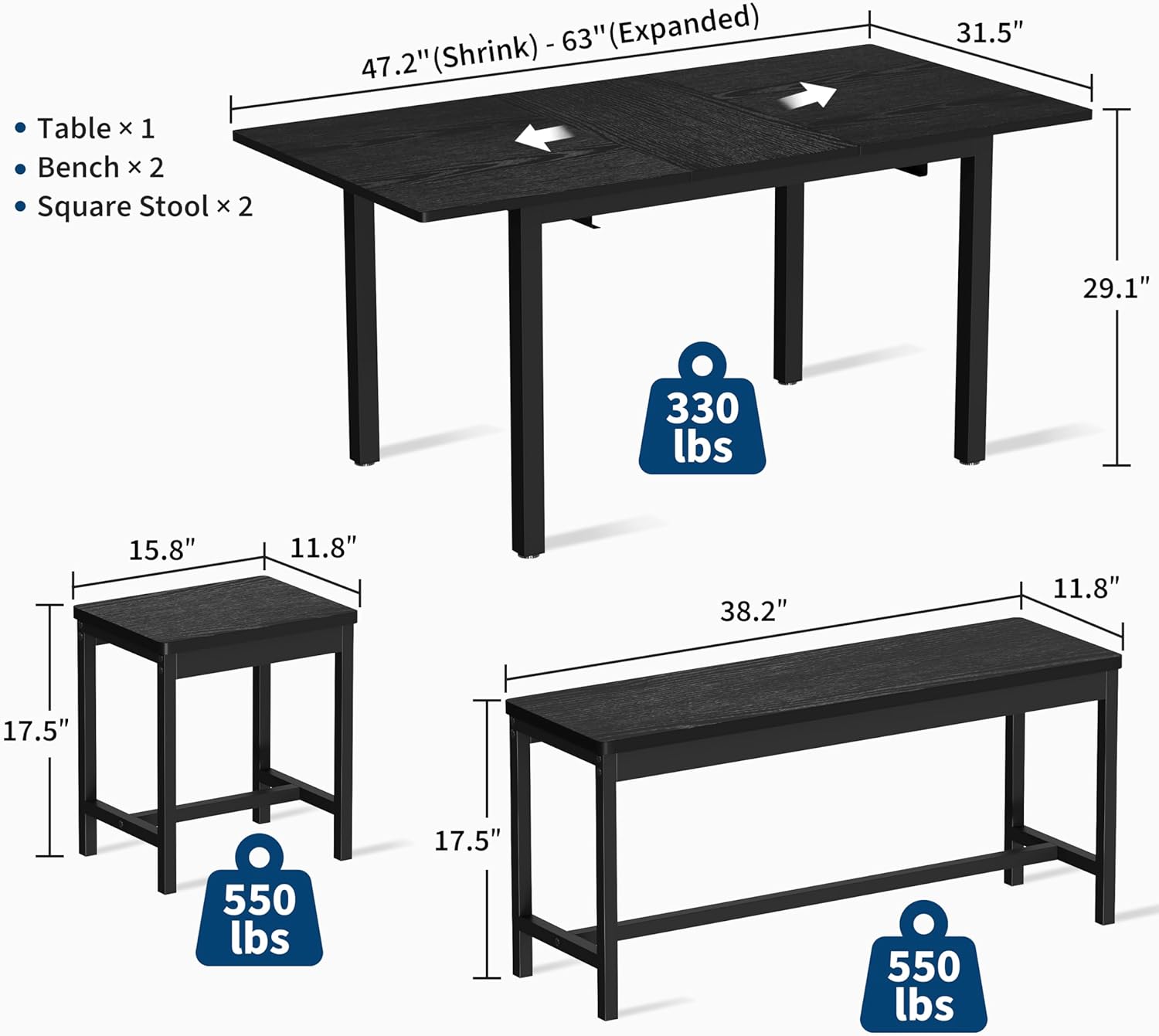 GarveeHome 5 PCs Dining Table Set for 6-8 People, 63 in Extendable Kitchen Table Set with 2 Benches and 2 Square Stools, Modern Dining Room Furniture Sets, Easy Assembly, Black