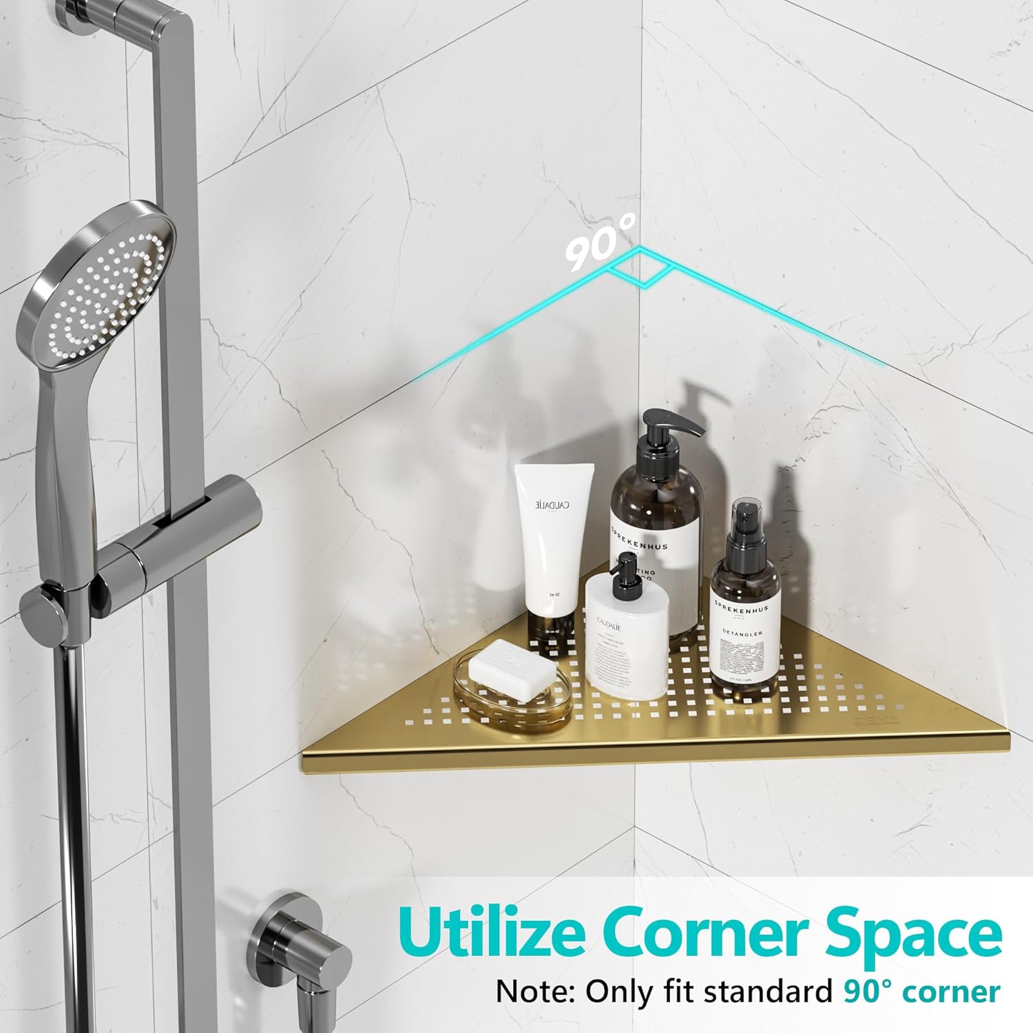 Bathroom Corner Shelf, Recessed 12" Shower Shelf Caddy, SUS304 Stainless Steel Shelf Wall Mount Triangular, No Drilling, Brushed Golden