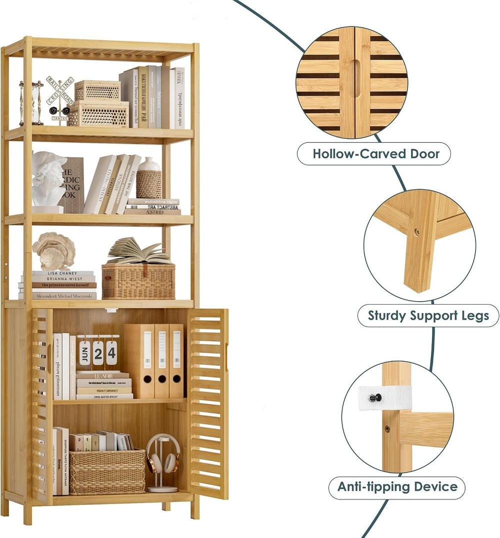 HIFIT 6-Tier Bamboo Book Shelves with 2 Door, Tall Bathroom Storage Cabinet