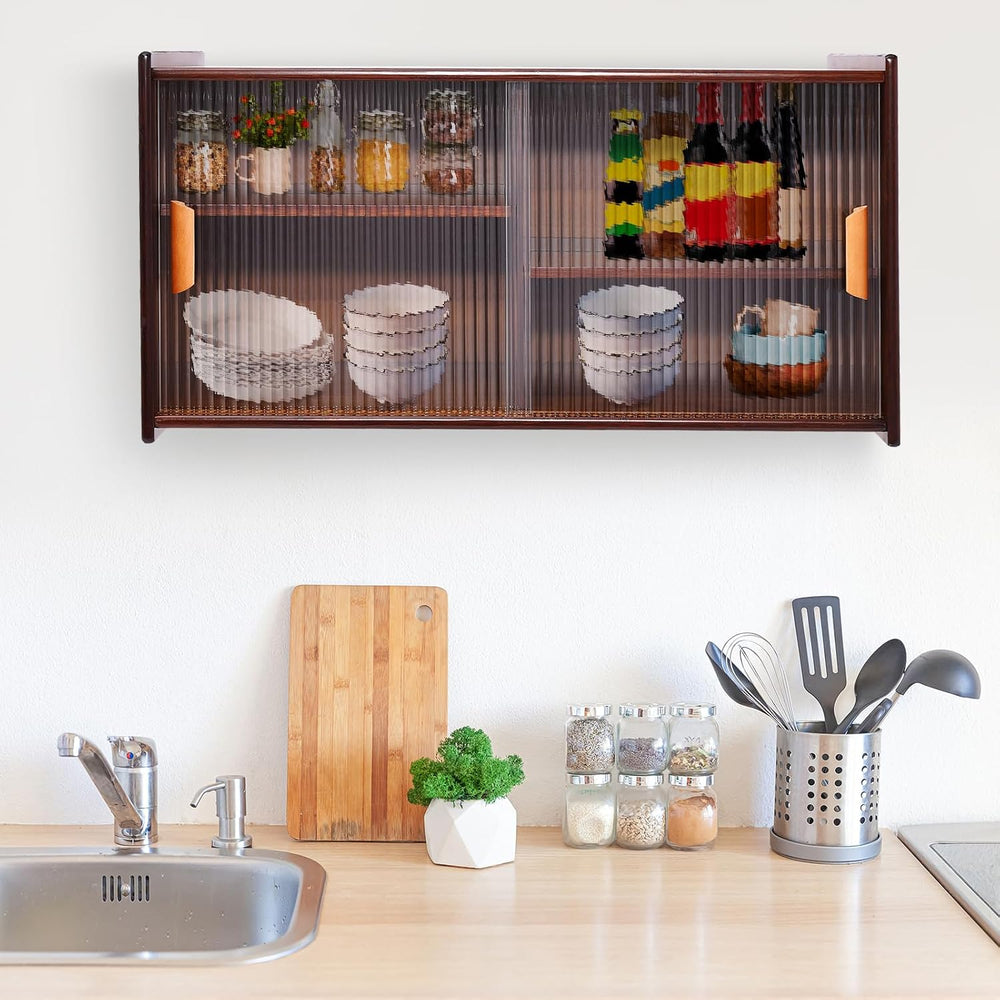 Xuthusman 2 Tier Small Kitchen Pantry Cabinet,30.3in Bamboo Sideboard with Gl...