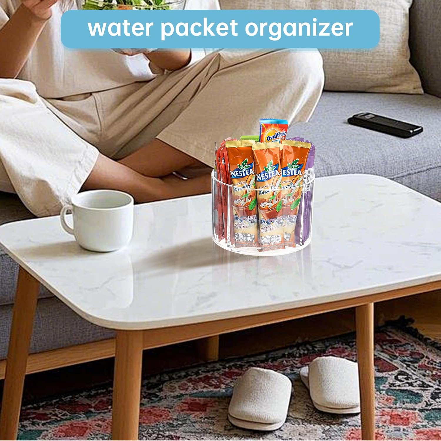 360° Turntable Drink Packet Organizer, Rotating Turntable Organizer, Clear Lazy Susan for Powdered Drink Mix, Water Drink Packet Holder Organizer for Drink Mix Necessities