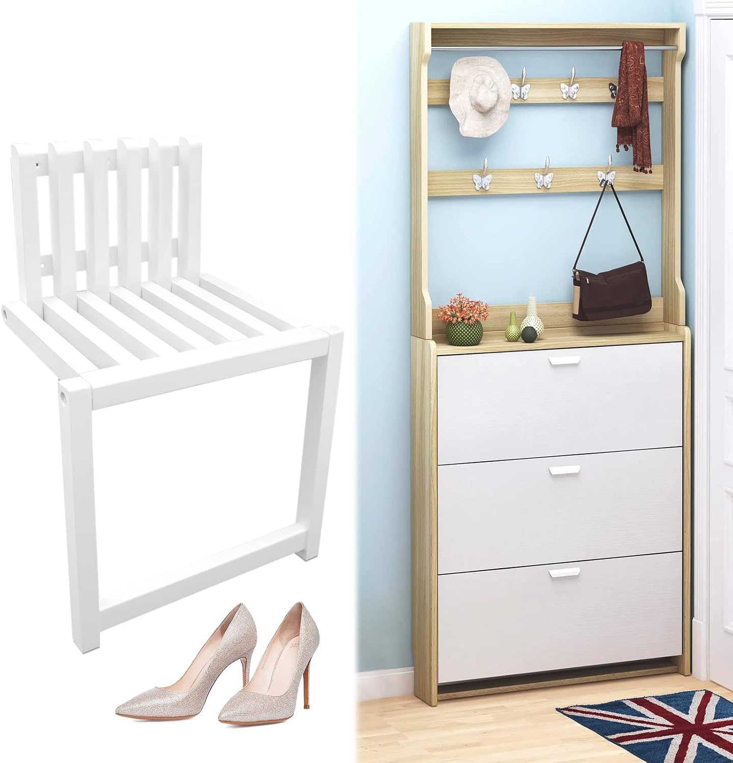 Wall Mounted Chair,Space Saving Hidden Wall Stools,Solid Wood Porch Chair,Door Shoe Cabinet Hidden Footstool Bathroom Balcony Living Stool