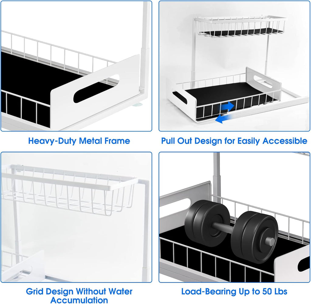 2 Pack Under Sink Organizer, 2 Tier Under Sink Organizers and Storage Multi-Purpose Under Sink Storage for Bathroom Kitchen (White)