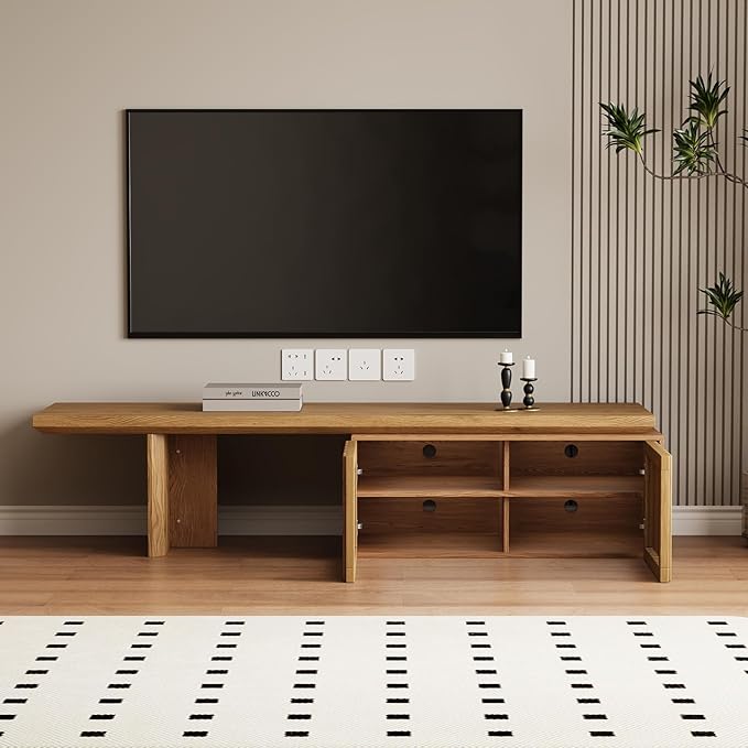 XEW Extendable TV Stand with Storage and Shelves, Wood Entertainment Center for 55+ Inch TV, Modern TV Console, Minimalist Media Console for Living Room, Bedroom-Wood (Extendable: 78.7"-110")