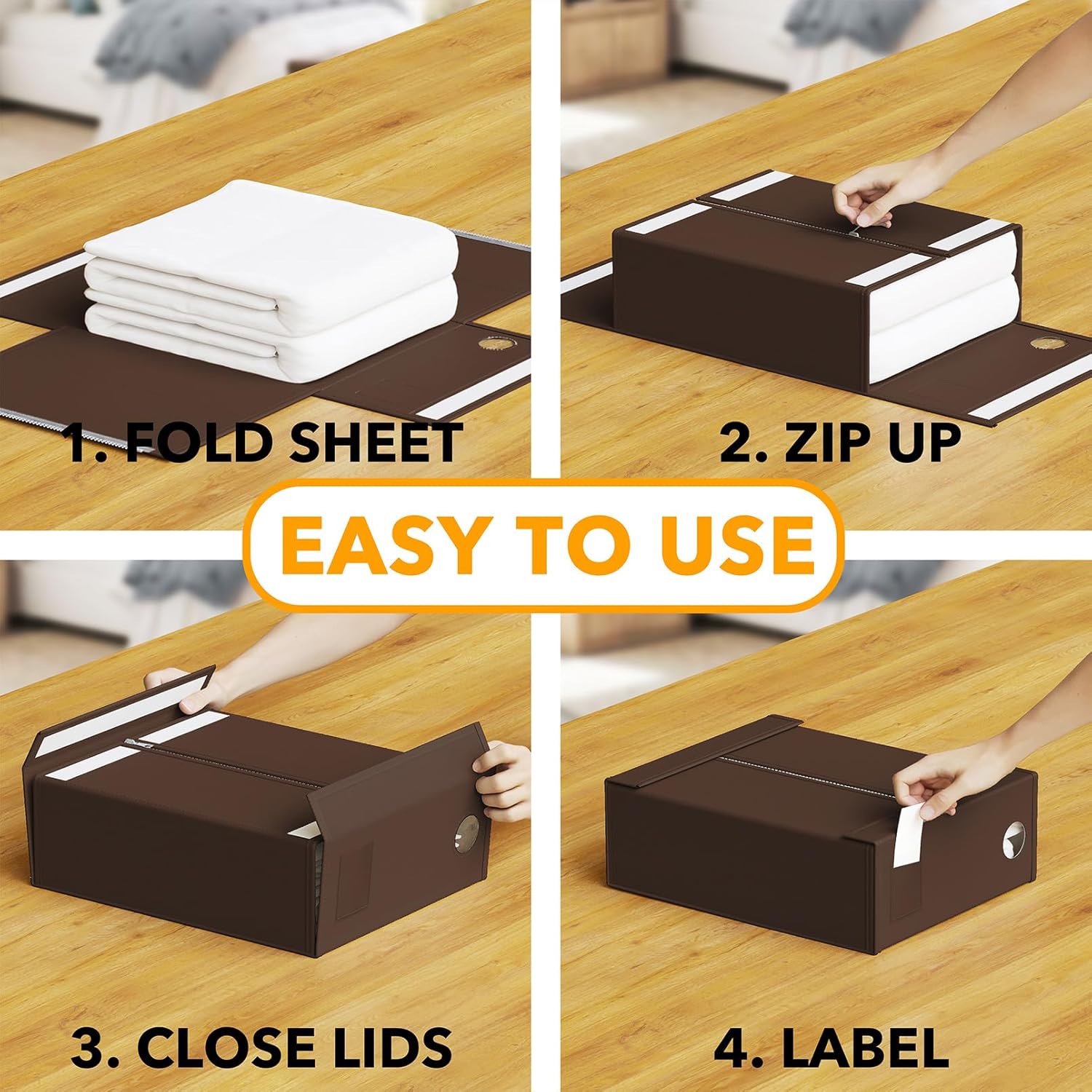 SpaceAid 3 Pack Bed Sheet Organizers and Storage, Foldable Sheet Organizer for Linen Closet, Sheets Set Folder Keeper with Window XL (Queen & King Size) Bedding Container (Brown, 3 Pack)