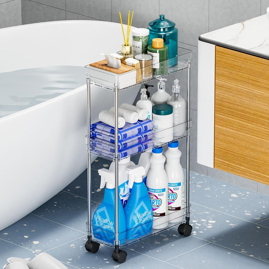 Yieach Clear 4 Tier Slim Rolling Storage Cart with Wheels,6.3″W Thin Shelf,Bathroom Storage Cabinet,Skinny Laundry Cart,Narrow Laundry Room Cart Between Washer and Dryer,Skinny Shelves for Small Space
