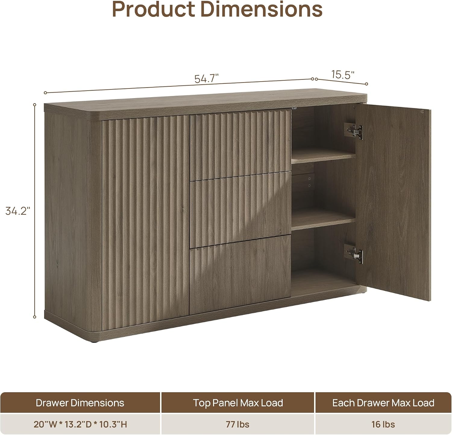 SICOTAS Buffet Cabinet with Storage 54.7" Large Modern Accent Storage Cabinet with Doors and Shelves Fluted Sideboard Credenza Buffet Table Coffee Bar for Living Room Kitchen Dining Room, Grey Alder