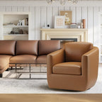 COLAMY 360° Swivel Accent Chair with Pillow, Leather Living Room Armchair No-Sag Foam & Sturdy Metal Base, Fully Assembled Swivel Accent Single Sofa for Bedroom Living Room, Reading Room, Brown