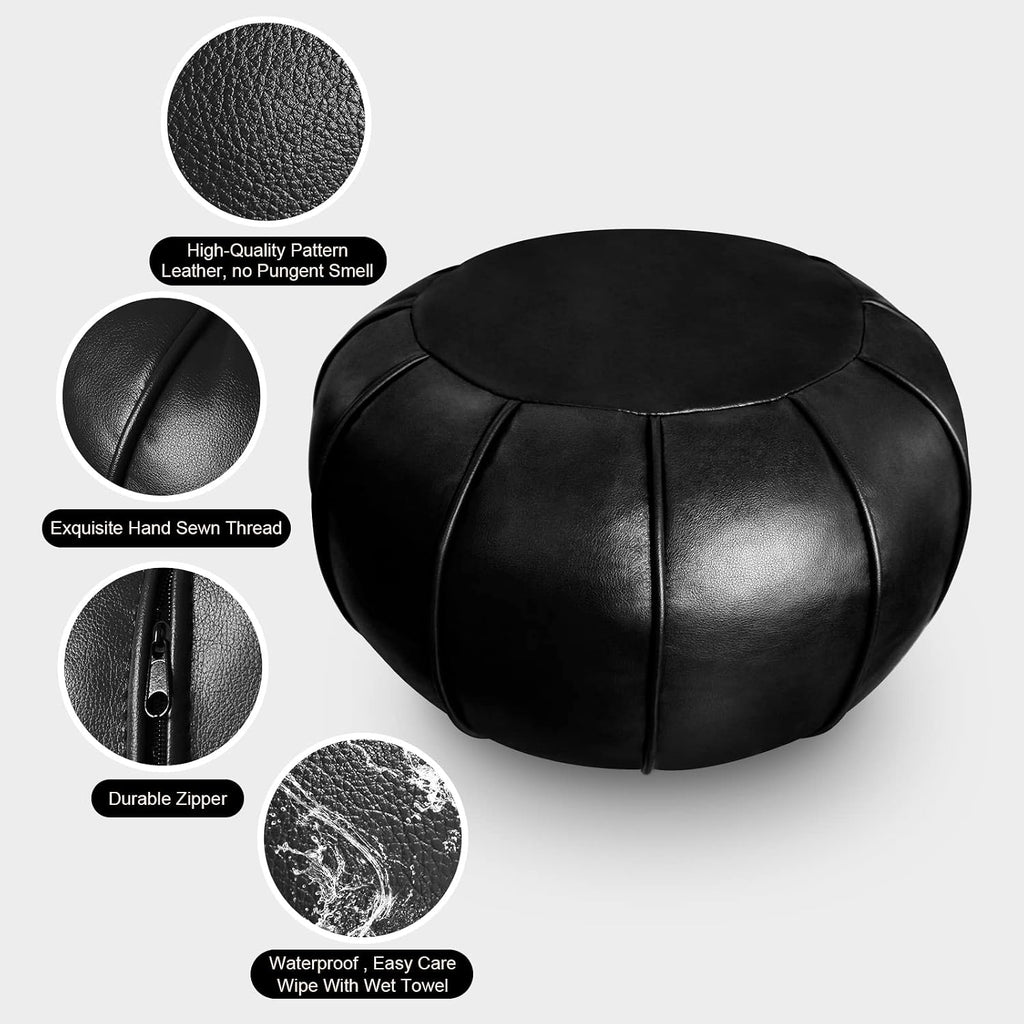 Louis Donné Round Unstuffed Faux Leather Pouf Ottoman Cover, Portable Indoor Outdoor Foot Rest Cover with Invisible Zipper, Sturdy Footstool Cushion Case for Home Patio Balcony Daily Use, Cover Only
