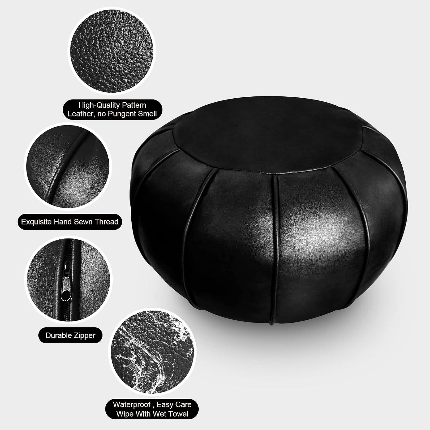 Louis Donné Round Unstuffed Faux Leather Pouf Ottoman Cover, Portable Indoor Outdoor Foot Rest Cover with Invisible Zipper, Sturdy Footstool Cushion Case for Home Patio Balcony Daily Use, Cover Only