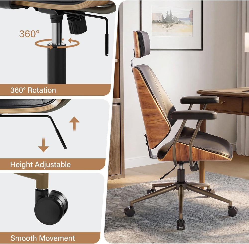 High Back Ergonomic Office Chair, with Headrest & Arms, Black | Faux leat...