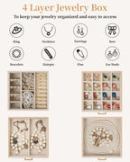 TORIBIO Jewelry Box for Women, Leather Jewelry Organizer with Mirror & Lock, 4-Tier Jewelry Storage Organizer with 3 Drawers for Girls/Women/Mothers, Necklace Earring Bracelets Holder Organizer