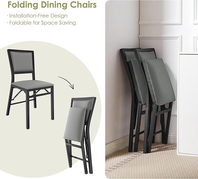 VECELO Folding Chairs Set of 4 with Cushion, Foldable Padded Seats with Heavy Duty Metal Frame for Kitchen/Dining/Living Room, No Assembly & Space Saving Design, Gray & Black