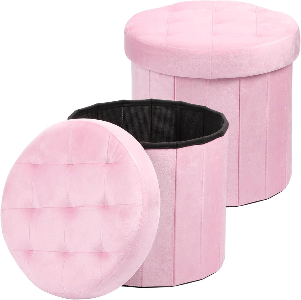 AmasSmile Round Storage Ottoman,14" Folding Velvet Foot Stool,Pink 2 Pack | Ottoman Storage Foot Stool, Petite and Soft Velvet, Thick Foam Cushion, Suitable for Living Room, Bedroom,Dorm,14x13x13in