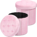 AmasSmile Round Storage Ottoman,14" Folding Velvet Foot Stool,Pink 2 Pack | Ottoman Storage Foot Stool, Petite and Soft Velvet, Thick Foam Cushion, Suitable for Living Room, Bedroom,Dorm,14x13x13in