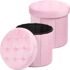 AmasSmile Round Storage Ottoman,14" Folding Velvet Foot Stool,Pink 2 Pack | Ottoman Storage Foot Stool, Petite and Soft Velvet, Thick Foam Cushion, Suitable for Living Room, Bedroom,Dorm,14x13x13in