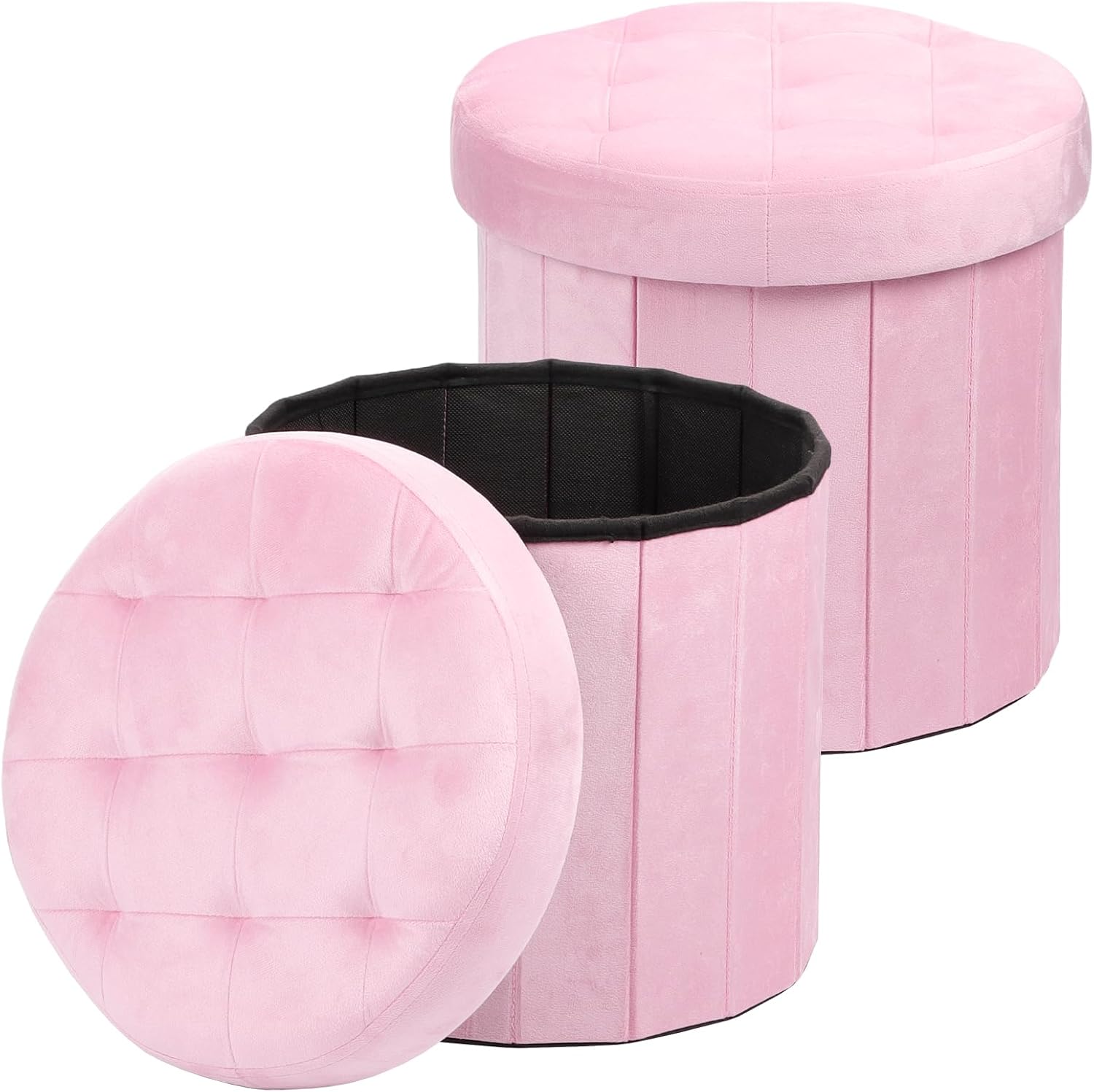 AmasSmile Round Storage Ottoman,14" Folding Velvet Foot Stool,Pink 2 Pack | Ottoman Storage Foot Stool, Petite and Soft Velvet, Thick Foam Cushion, Suitable for Living Room, Bedroom,Dorm,14x13x13in