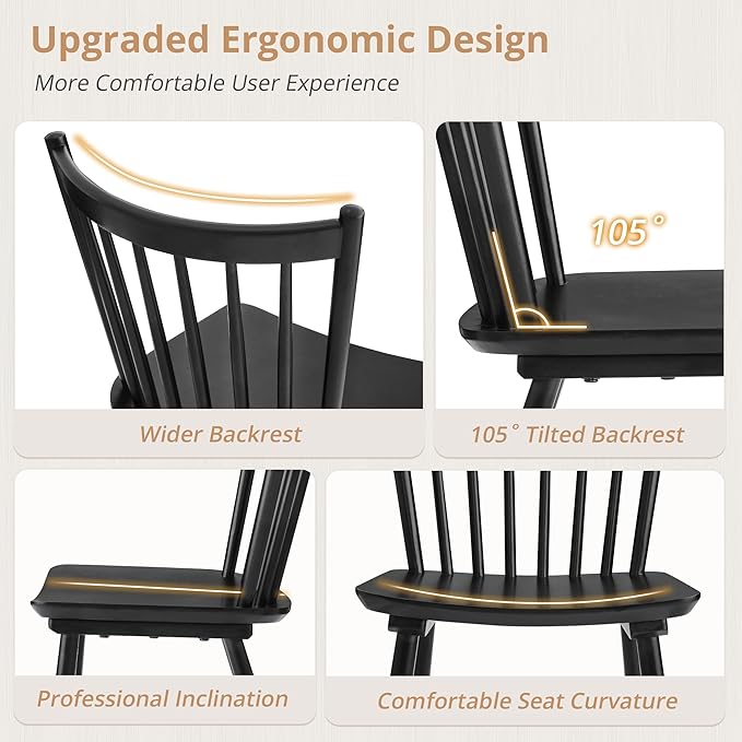 LUE BONA Upgraded Dining Chairs Set of 6, Farmhouse Wooden Spindle Back Kitchen Chairs, Windsor Dining Chairs for Kitchen and Dining Room, Black