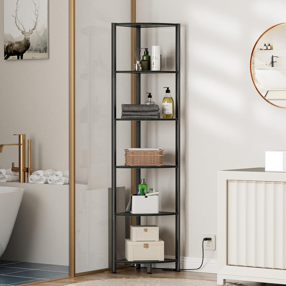 Furnulem 6 Tier Corner Shelf with LED Light, 67.5" Black Narrow Bookshel...