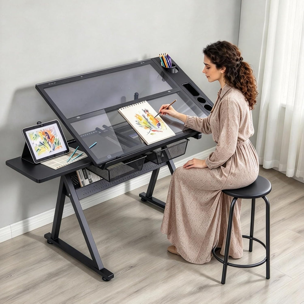 Drafting Table, Height Adjustable Art Tabe with Stool, Black
