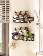 Corner Shower Caddy with Soap Holder, 2 Pack Stainless Steel Corner Shower Organizer with 11 Hooks, No Drilling & 6 Strong Adhesives Corner Shower Shelf Bathroom Organizer for Shower Room, Black