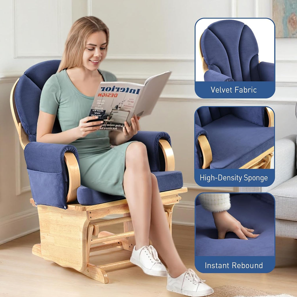 Natural Wood Glider Rocker Chair, Silent Smooth Gliding Nursery Rocking Chair with Solid Hardwood Base, Safety Design, Comfy Cushion for Baby Feeding, Nursery, Living Room, Bedroom, Blue