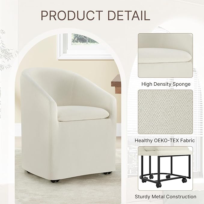 Upholstered Dining Chairs with Casters, Washable Cover Modern Dining Room Chairs with Barrel Backrest & Armrest, Vanity Chair with Wheels for Kitchen, Living Room, Bedroom, Linen Fabric, 1PCS