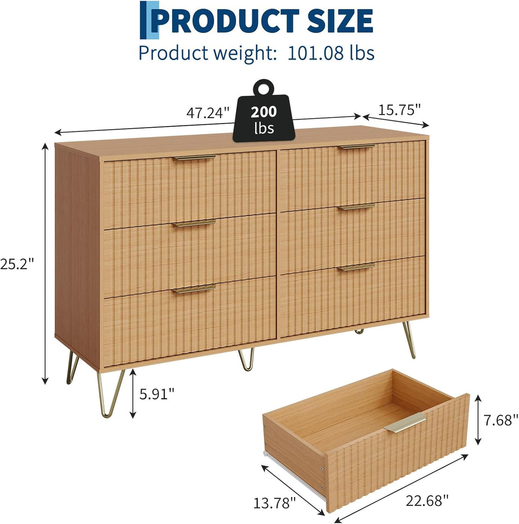 Garvee Fluted Dresser for Bedroom with 6 Drawers,47" Wide Modern Chest of Wooden Bedroom Chest with Metal Handle,Clothes Storage Organizer,Closet Dresser & TV Stand for Living Room,Hallway,6&Natural