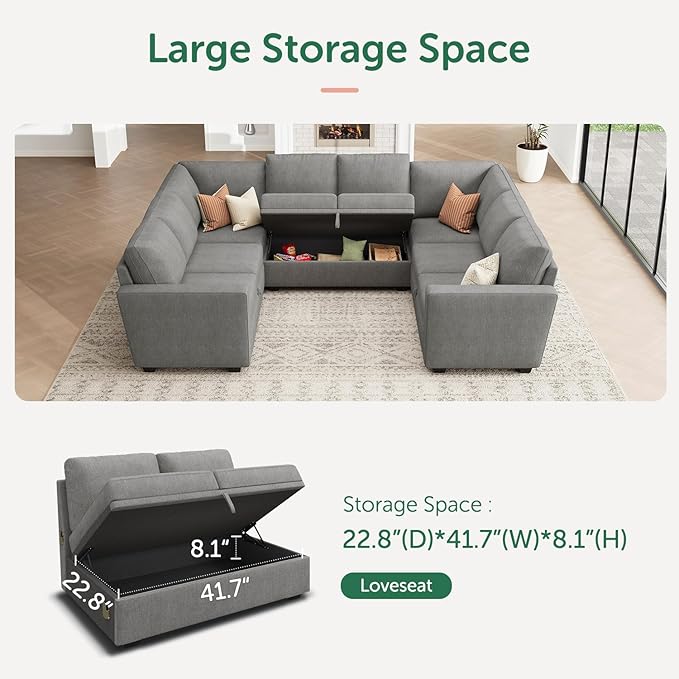 HONBAY Modular Sectional Couch with Pull Out Bed, Chenille Sleeper Sofa with Storage Seats, U Shaped Sectional Couches for Living Room, Warm Grey