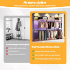 Industrial Pipe Clothing Rack, Reversible 118.3'' Clothes Rack for Hanging Clothes, Black Wall Clothing Rack Wall Mounted Rack for Walk-in Closet, Laundry Room or Retail Display (丨丨丨)