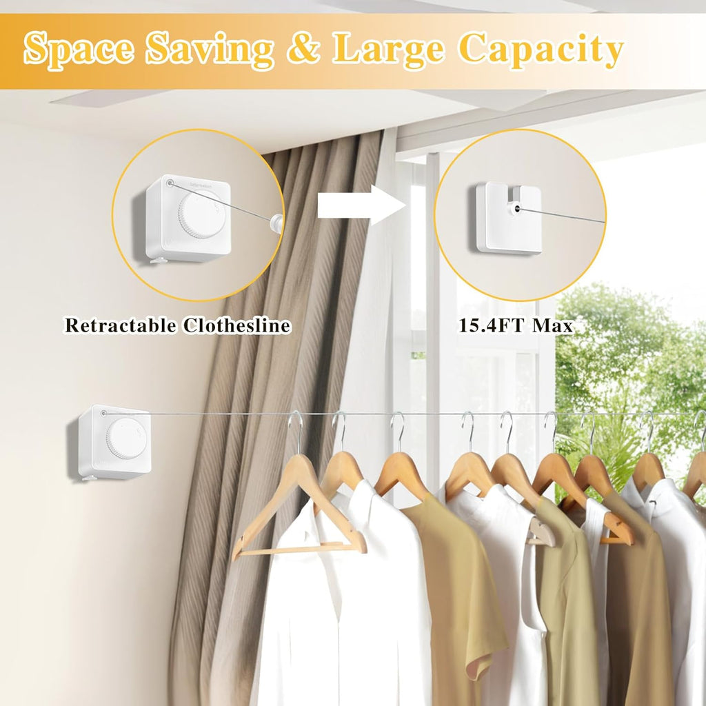 Retractable Clothesline Indoor, Non-Sagging Outdoor Clothes Line retracting,15.4 Ft Heavy-Duty Clothes Drying Laundry Line,Wall Mounted Stainless Steel Line (White)