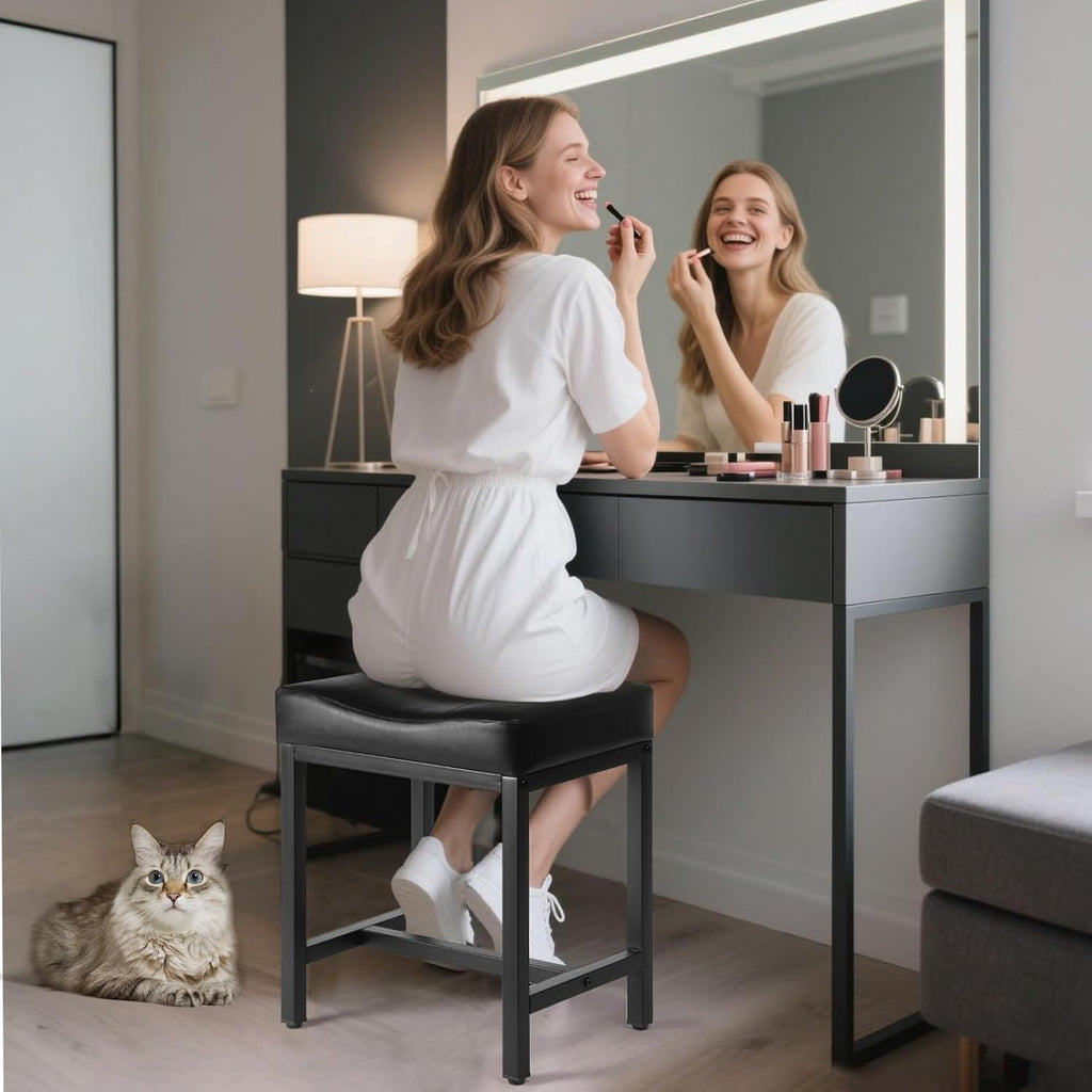 Saddle Seat Vanity Stool, Makeup Stool Chair with Metal Leg, U-Shaped Faux Leather Ottoman Foot Rest, Small Square Chairs Under Desk for Vanity, Living Room, Bedroom, Modern Makeup Bench Black