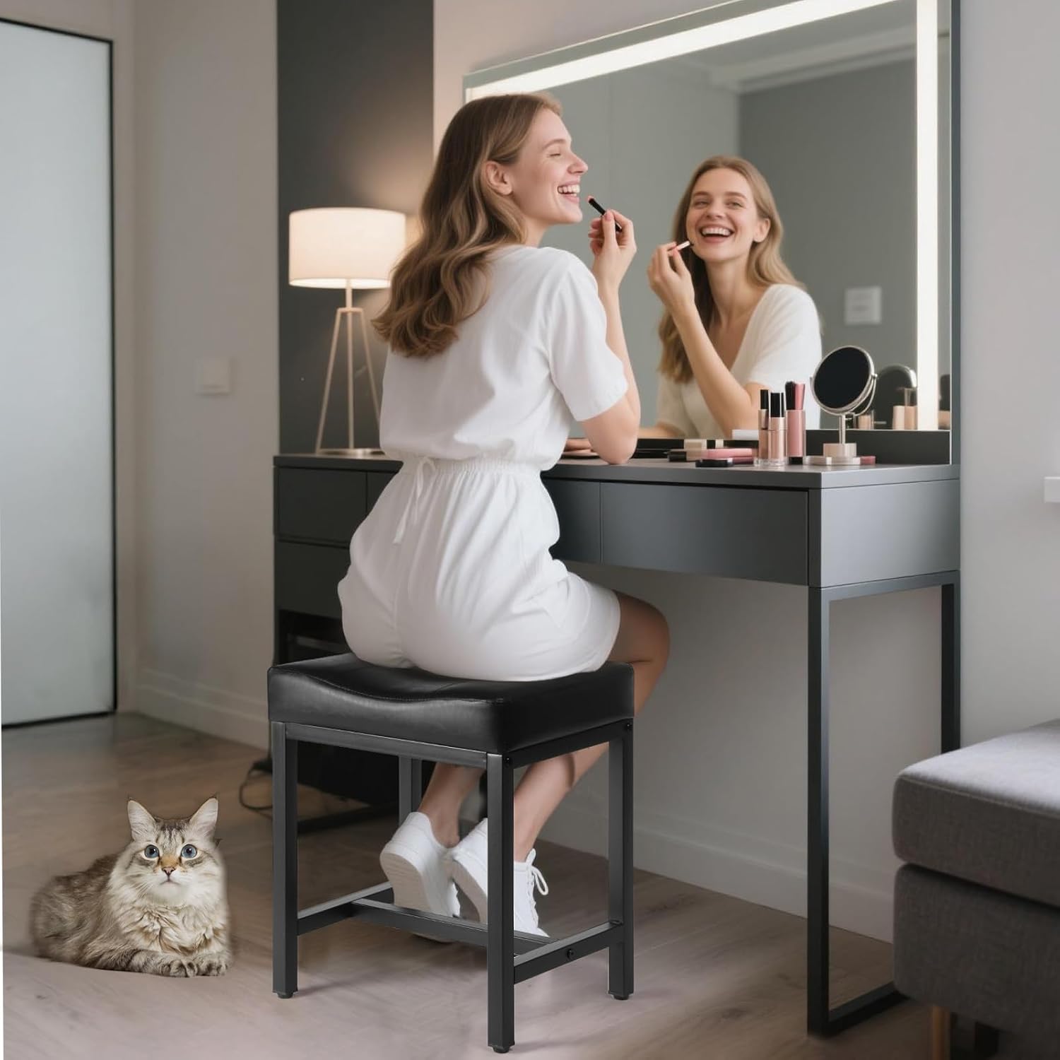 Saddle Seat Vanity Stool, Makeup Stool Chair with Metal Leg, U-Shaped Faux Leather Ottoman Foot Rest, Small Square Chairs Under Desk for Vanity, Living Room, Bedroom, Modern Makeup Bench Black