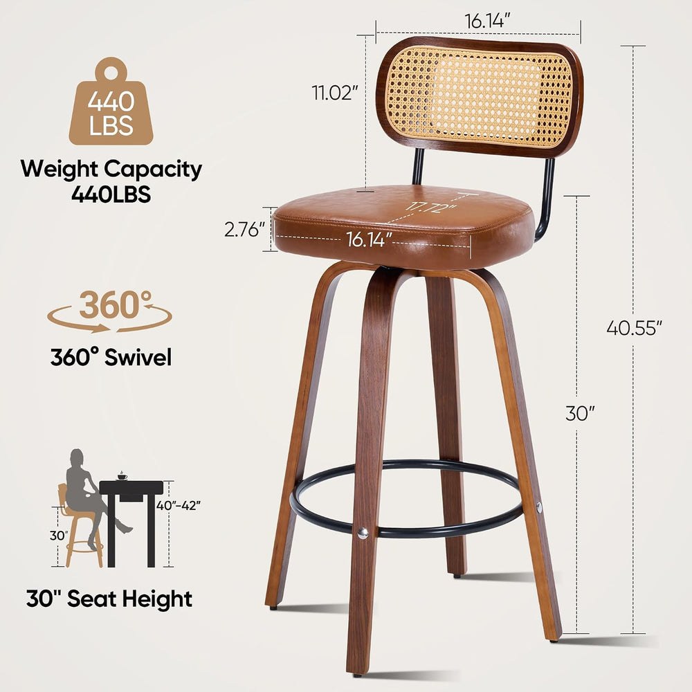 Rattan Bar Stools Set of 2,Upholstered PU Leather, 30''Counter Height...