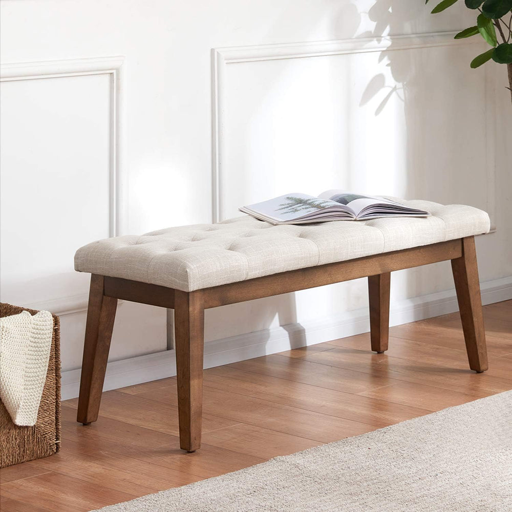 HUIMO Upholstered Bench, Button Tufted Dining Bench (Beige) | with Solid Wood...