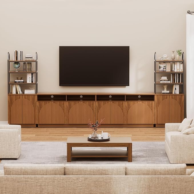 Yechen 165" Modular Entertainment Center with Bookshelves for up to 98", Mid Century Modern TV Stand with Storage, TV Cabinet with Open Shelves and Adjustable Shelves, Living Room, Walnut Oak(4 PCS)