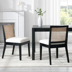 Rattan Dining Chairs Set of 2, Farmhouse Boucle Kitchen Chairs with Cane Back, Upholstered Sherpa Dining Room Chairs Comfy Side Wood Chair for Living Room/Restaurant, Black Sherpa