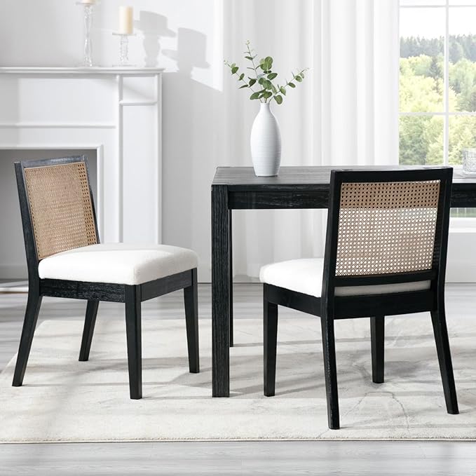 Rattan Dining Chairs Set of 2, Farmhouse Boucle Kitchen Chairs with Cane Back, Upholstered Sherpa Dining Room Chairs Comfy Side Wood Chair for Living Room/Restaurant, Black Sherpa