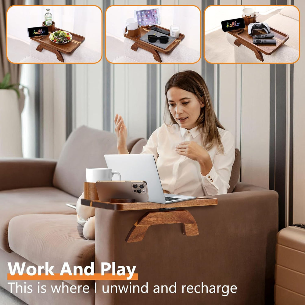 Couch Armrest Table Acacia with 360°Rotating Phone & Cup Holders,15.4&quo...