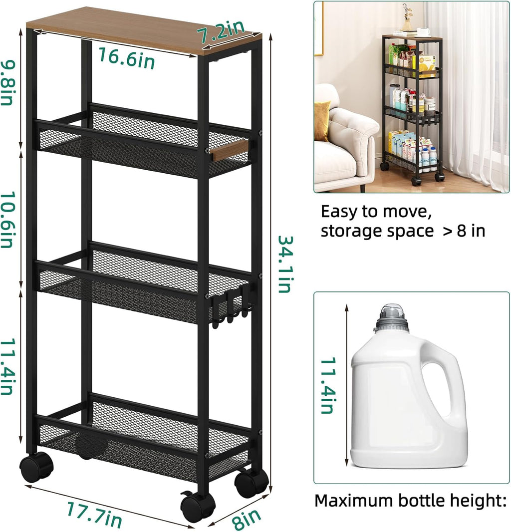 TIPGO Utility Slim Storage Cart, 4 Tier Rolling Cart with Wheels, Narrow Storage Cabinet for Bathroom, Laundry Shelves for Room Organization, Small Organizer for Kitchen, Office and Dorm (Black)