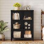 6 Cube Storage Organizer with Storage, 41.54 Inch Hight Modern 4-Tier Bookshelf with X-Shaped Metal Frame, Black Wood Bookcase for Living Room, Home Office, Bedroom, Easy Assembly
