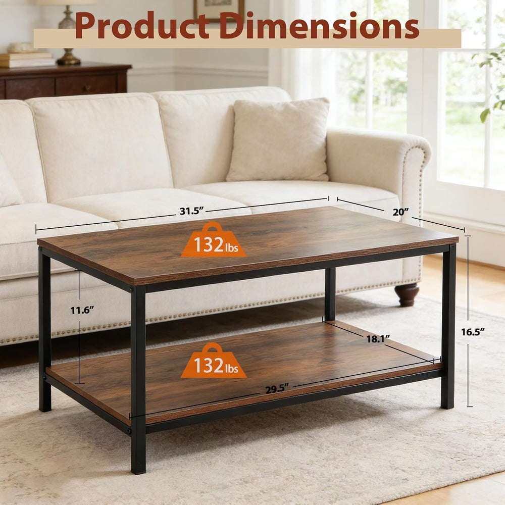 SUPER DEAL 2-Tier Industrial Coffee Table with Storage Shelf for Small Apartm...
