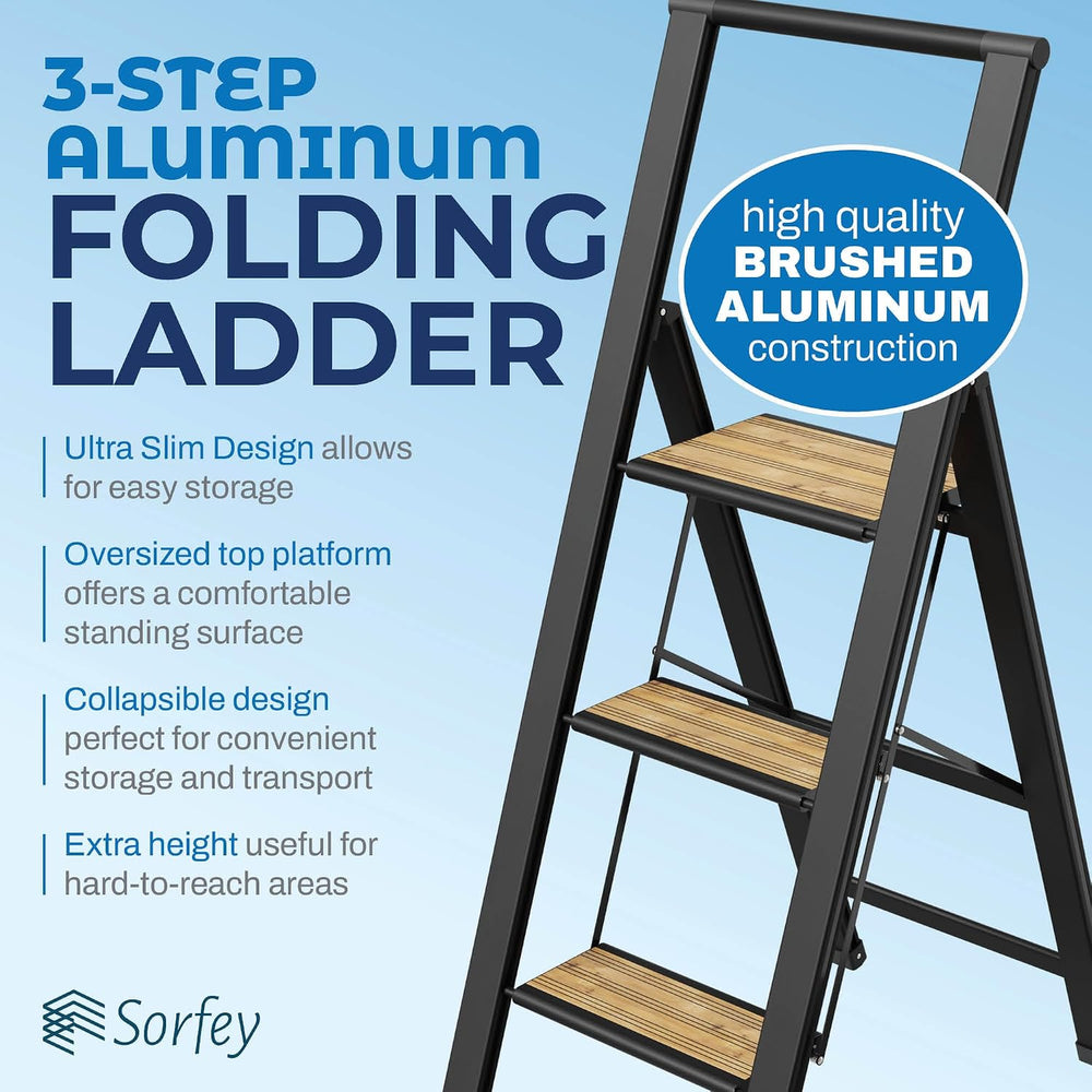 Step Ladder 3 Step Folding, Decorative - Beautiful Bamboo & Black Aluminu...