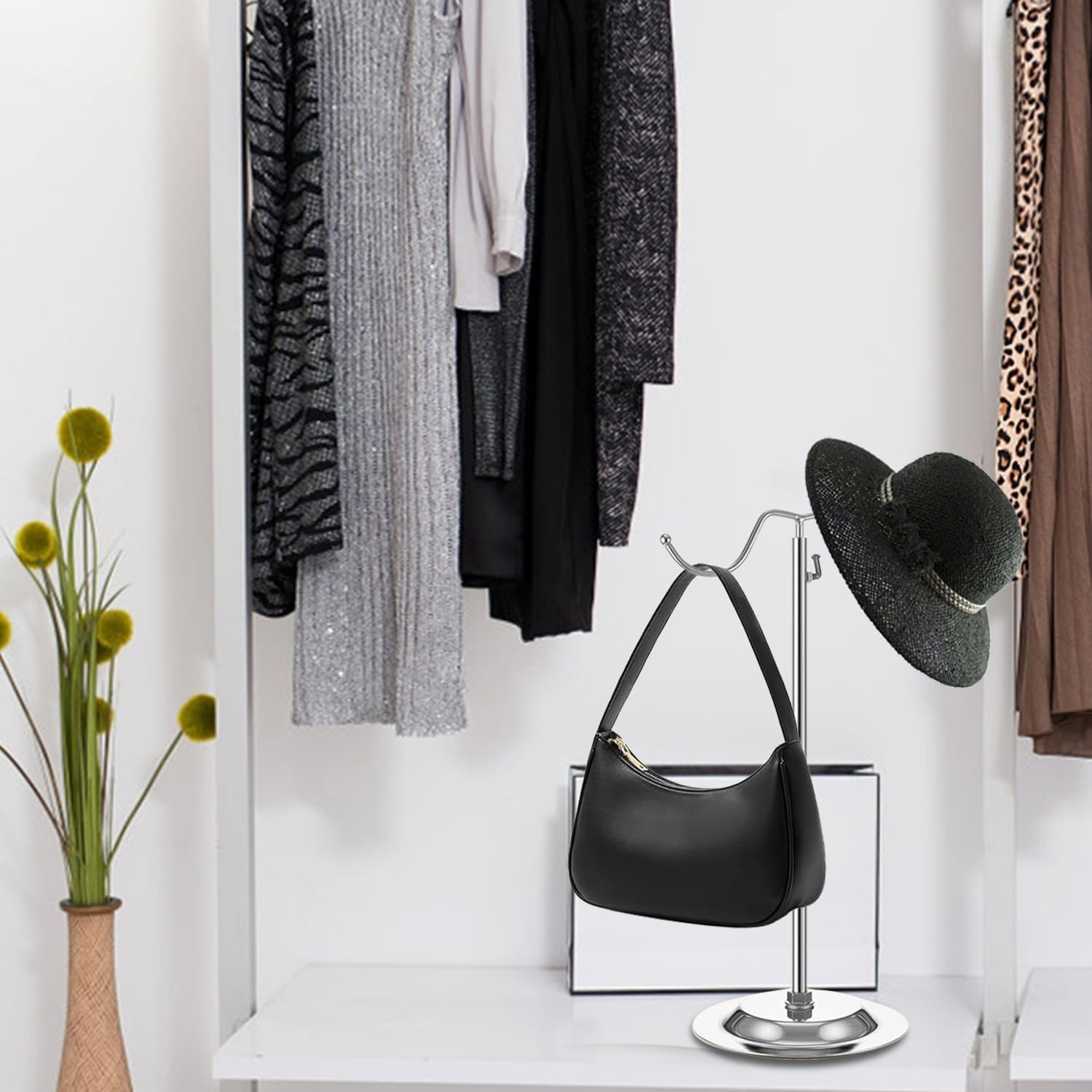 4 PCS Handbag Display Stands Adjustable Purse Display Stand Stainless Steel Double Hook Bag Display Stand Holder for Home Boutiques Store Counter Retail, Silver