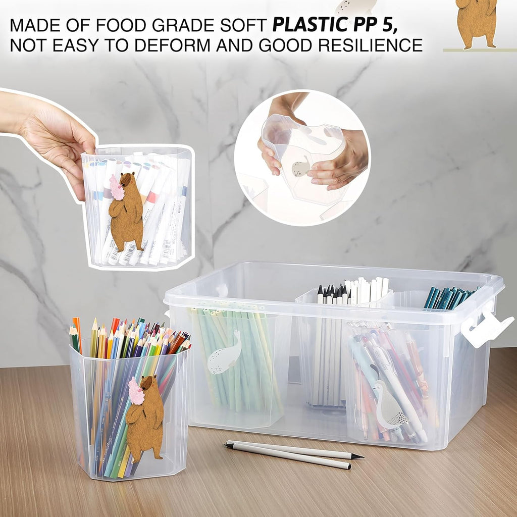 loobuu 17QT Plastic Storage Bins with Lids - 1 Pack Art Craft Supply Organizer Box with Brush Pot for Kids, Stackable Clear Pen Container for Toy/Sewing/Comestic/Tool/Playdoh (1 Pack)