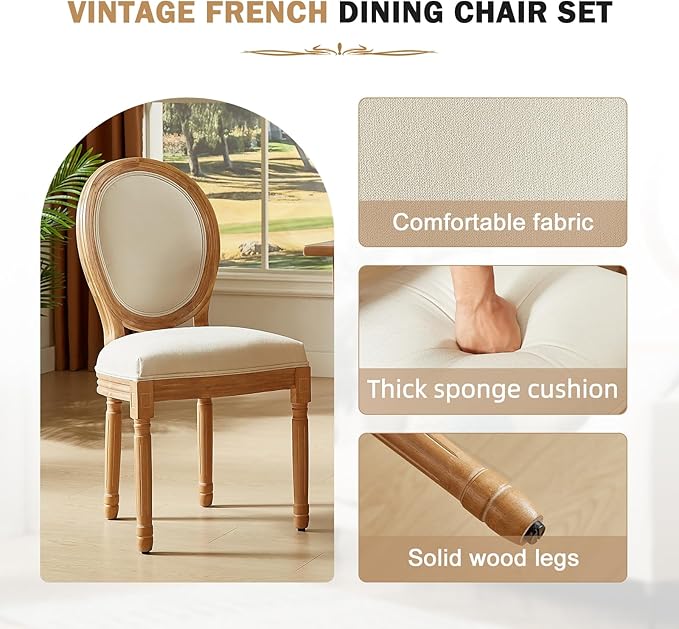 Nrizc French Dining Chairs Set of 6, French Country Dining Chair, Vintage Farmhouse Dining Chairs with Round Back, Solid Wood Beige Fabric Dining Room Chairs, for Kitchen, Bedroom, Dining Room